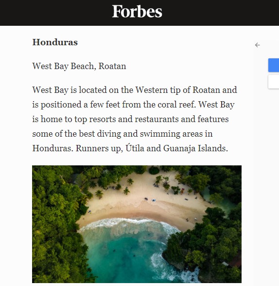 Forbes destacó a Roatán como una de las mejores playas del caribe