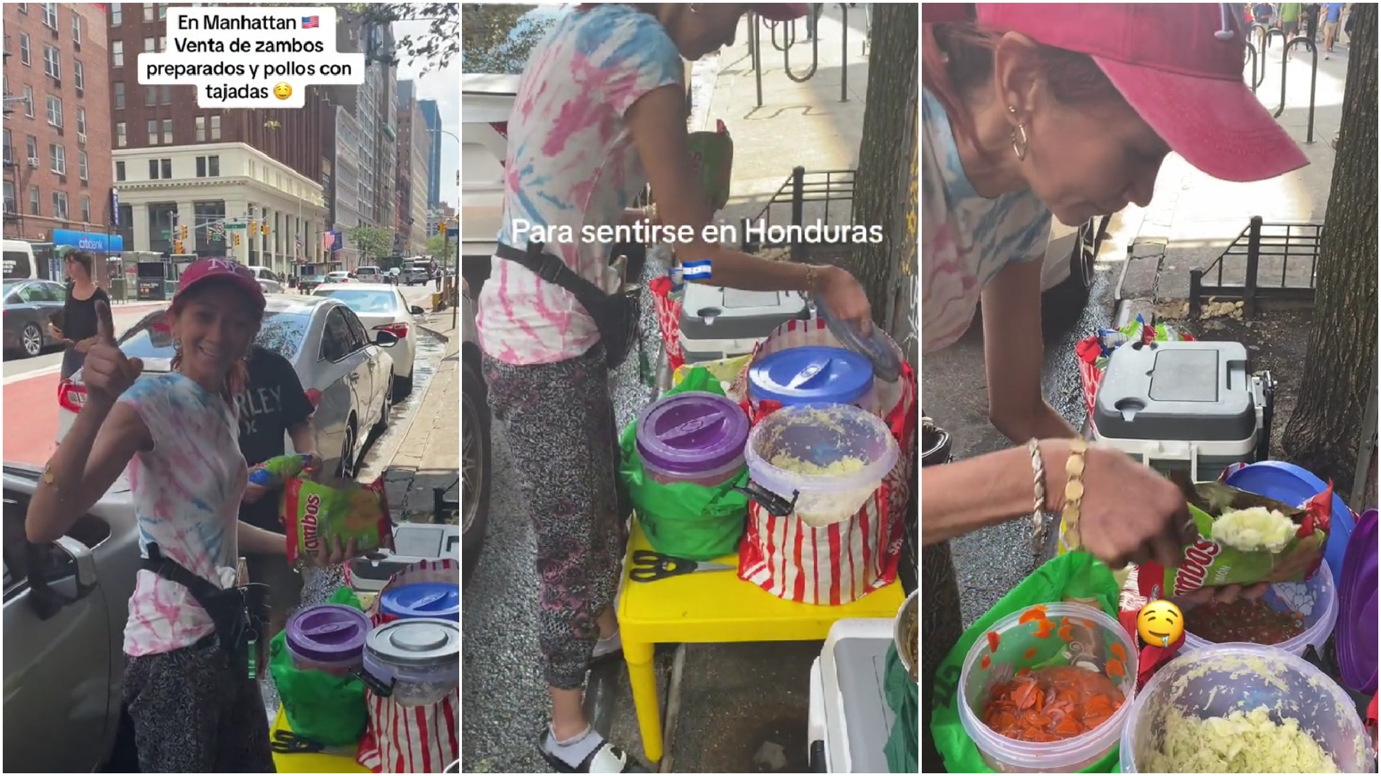 Hondureña vende Zambos preparados afuera del Consulado de Honduras en Nueva York