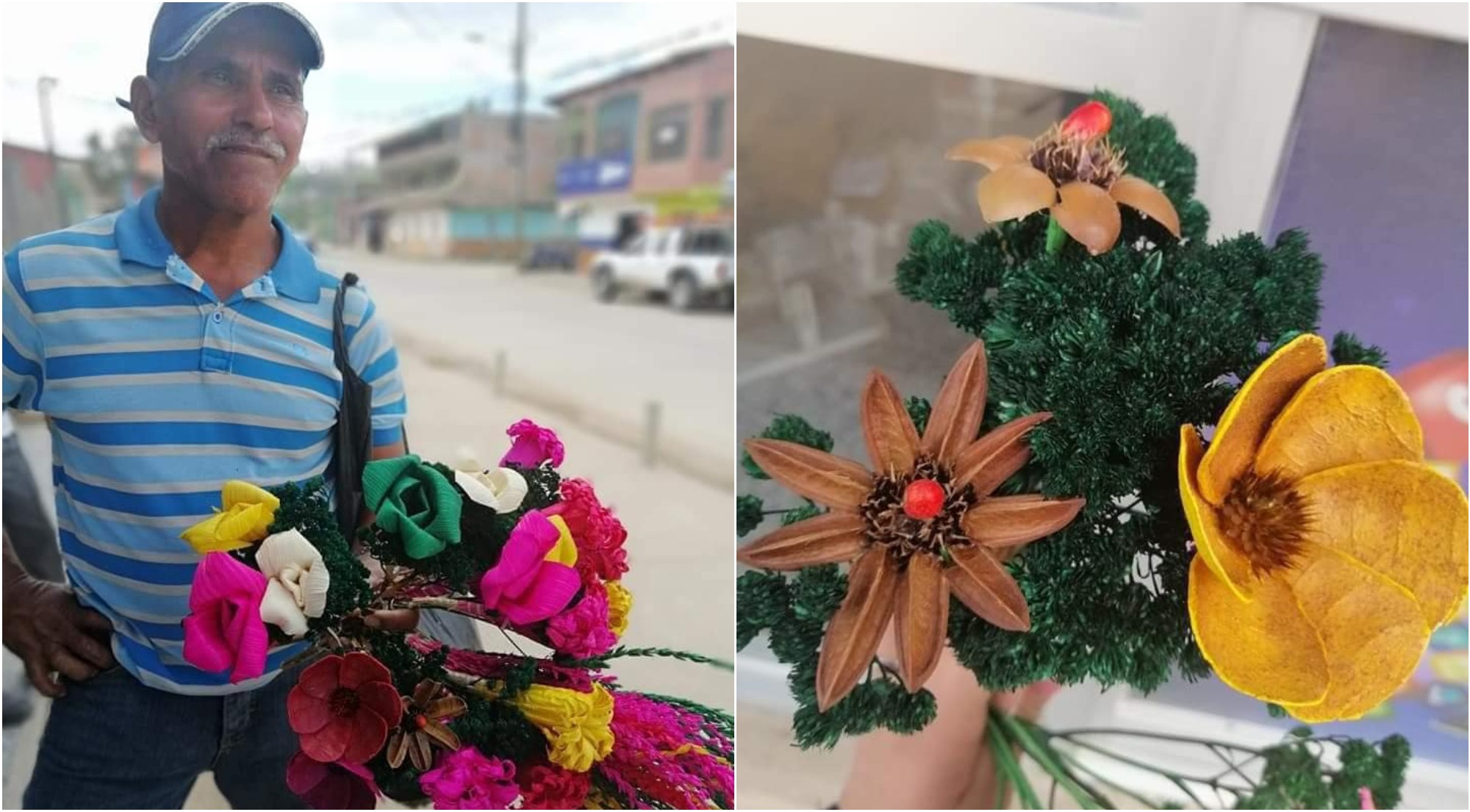 Hondureño vende hermosos arreglos de flores artesanales